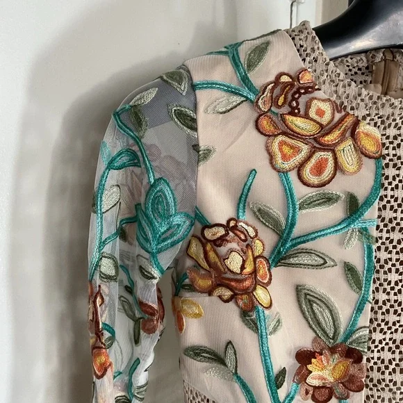 Vone Floral Embroidered Long Sleeve Mini Dress S Small Boho Black Cocktail Small - Picture 7 of 11